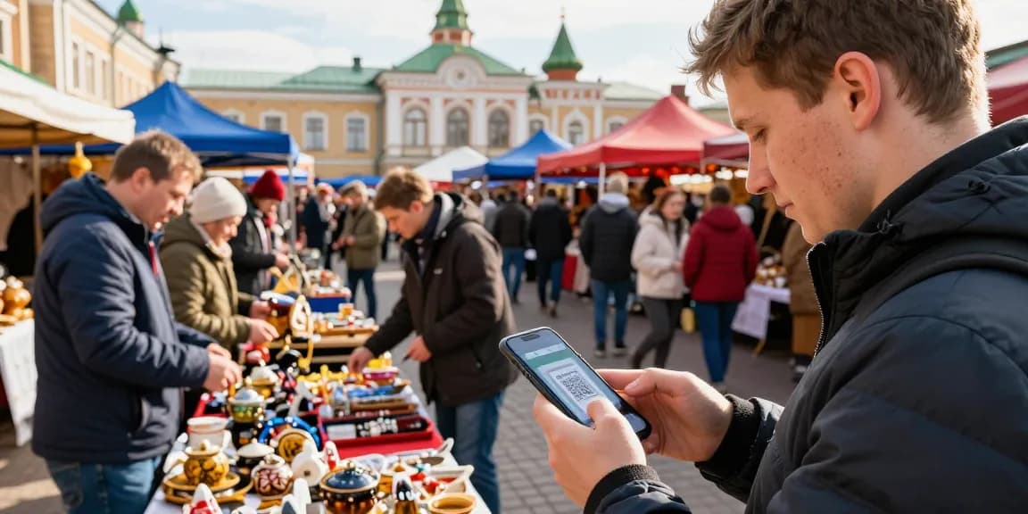Pengunjung menggunakan https://payinrussia.com/ untuk pembayaran digital di pasar lokal di Rusia.