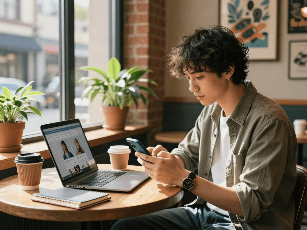 Person browsing situs bro138 shopping site in a cozy café with trendy accessories.