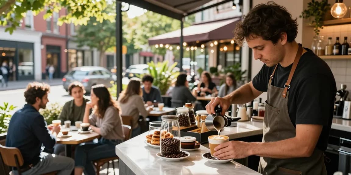 Rubahtoto menyajikan kopi spesial di kafe urban yang ramai, atmosfer hangat dan akrab.