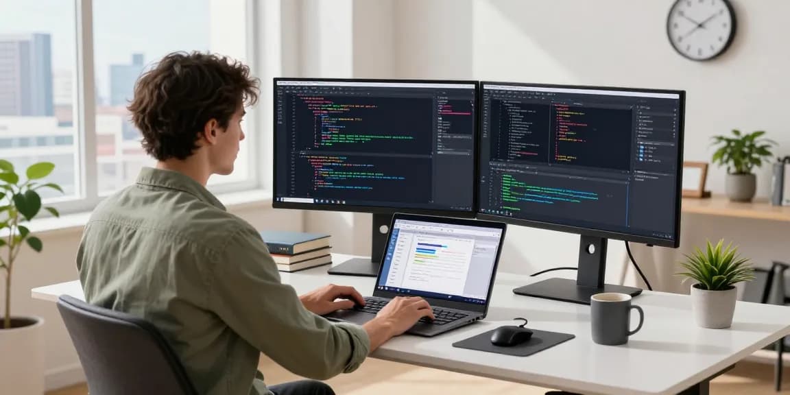 Workspace perangkat lunak SGA33 dengan pengembang menggunakan dua layar dan laptop.