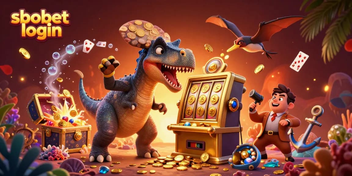 Engaging sbobet login scene with a pachycephalosaurus and golden slot machine for jackpot excitement.